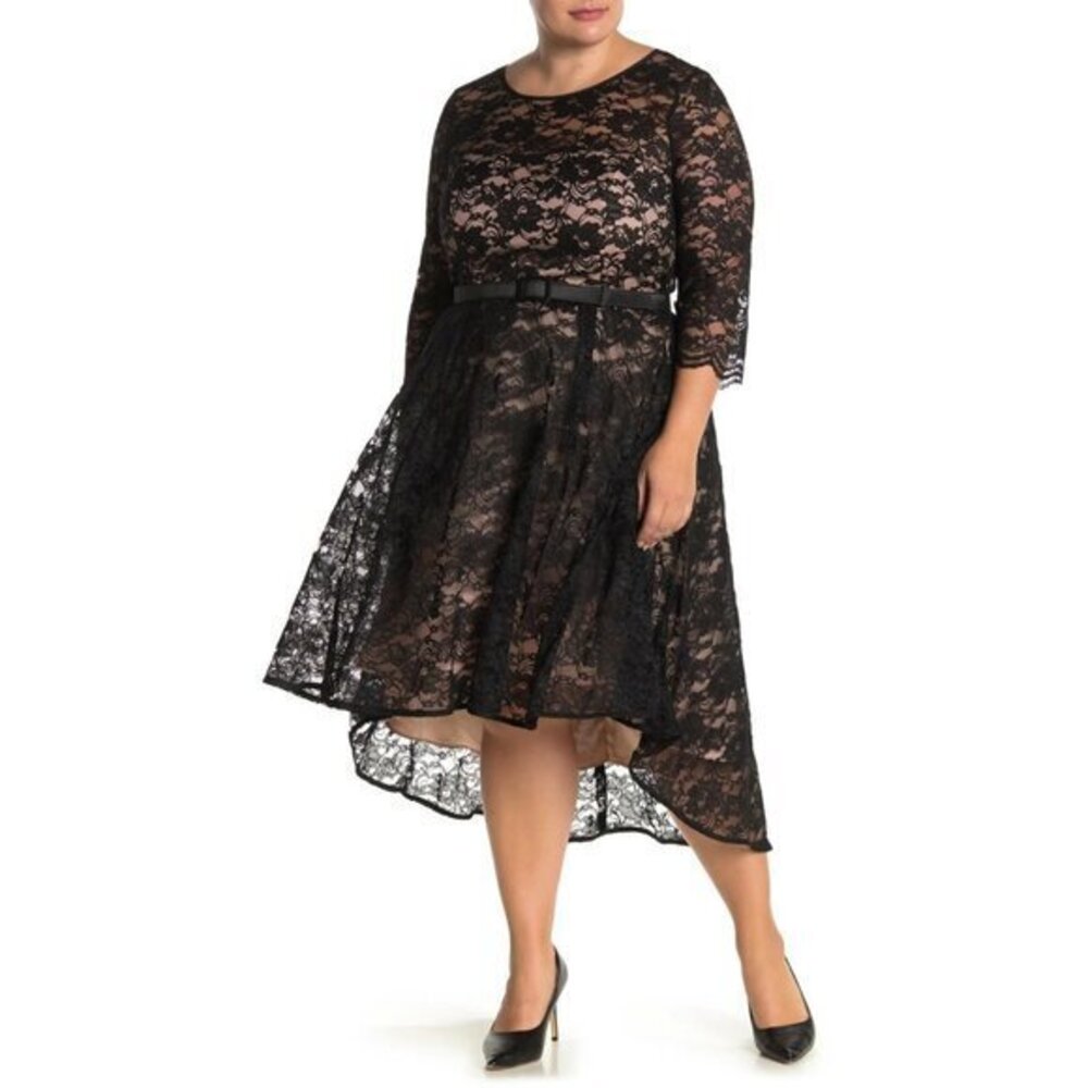 City Chic Black Nude Lace 3/4 Sleeve Belted Flare Hi/Lo Cocktail Dress 20 NWT